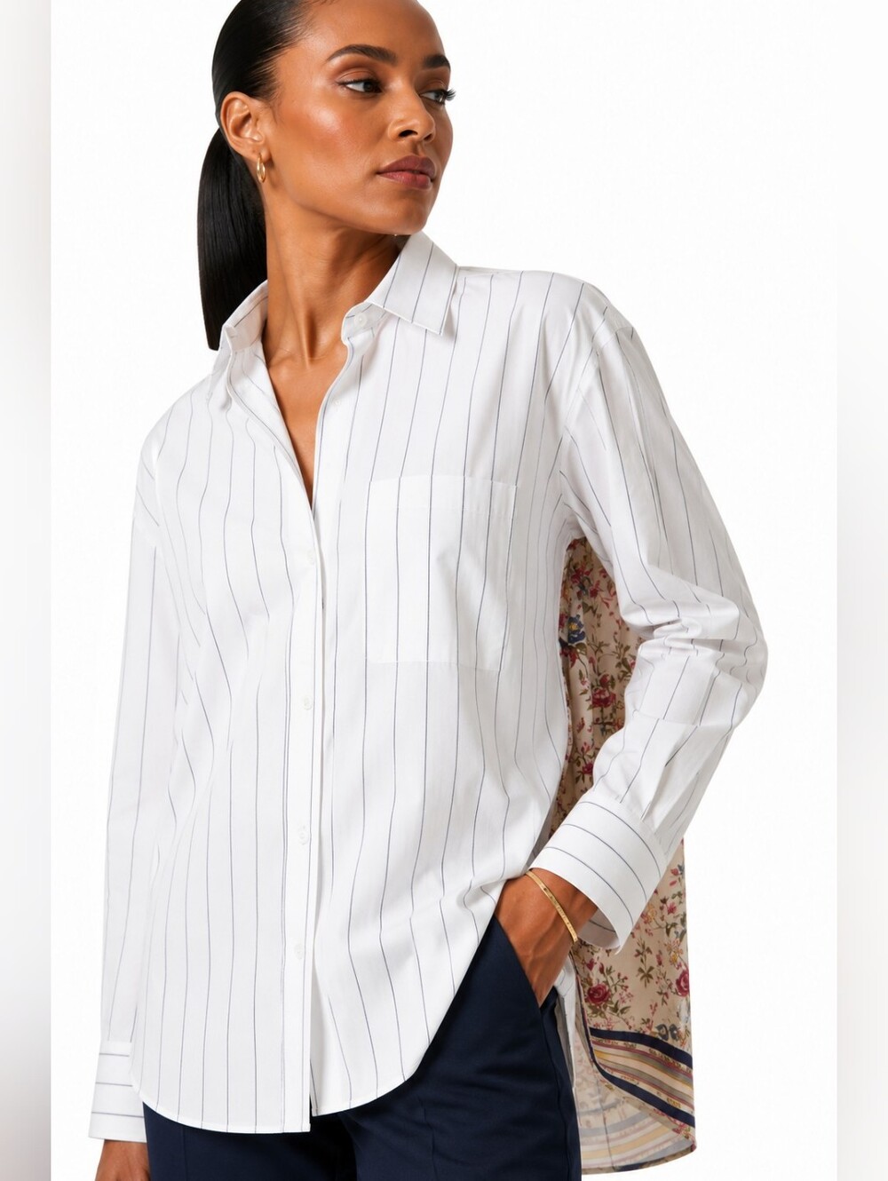 Weekend Max Mara Corolla Striped Cotton Floral Silk Back Shirt Blouse IT44 US10